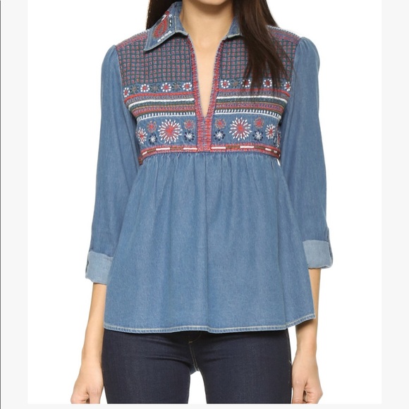 Alice + Olivia Karly Embroidered Denim Babydoll top sz: XS NWT - Picture 3 of 12